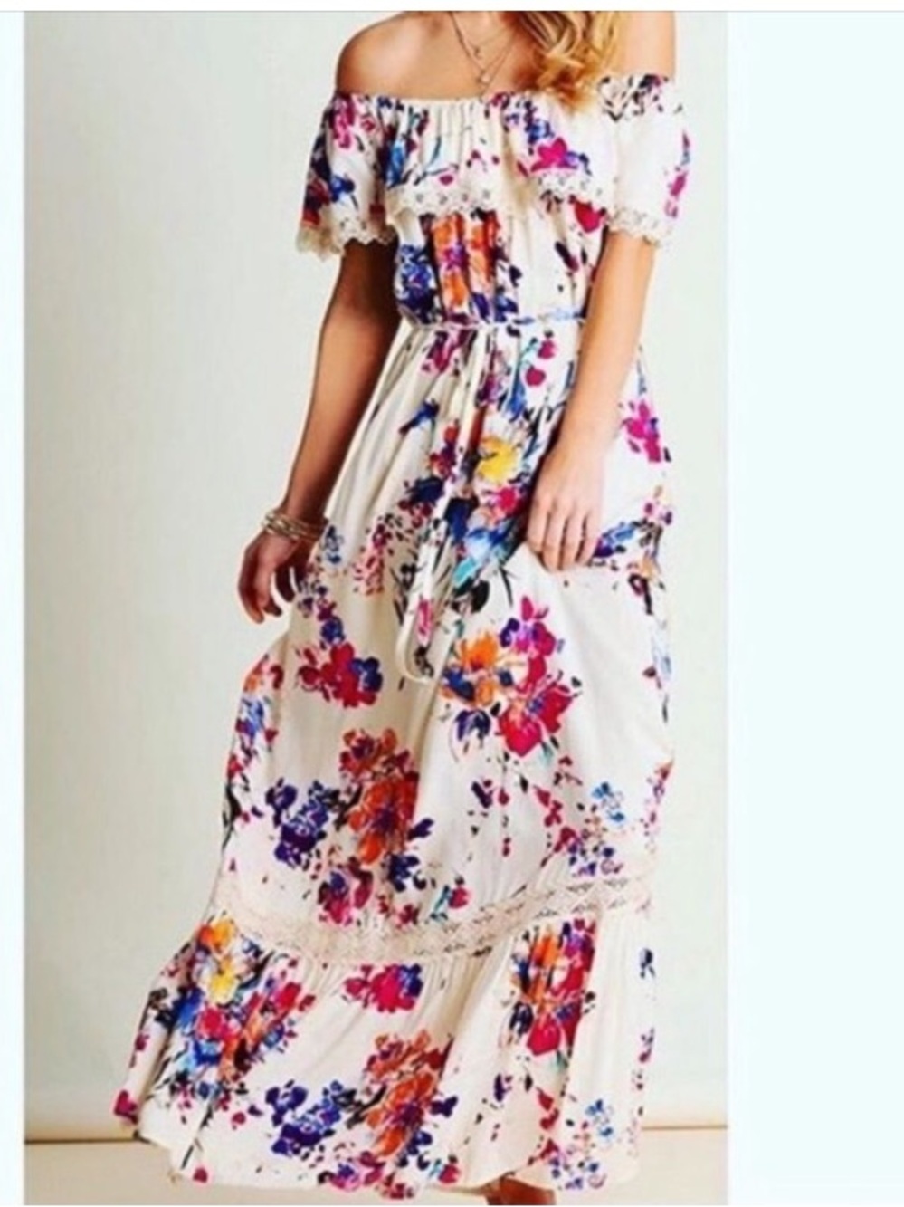 Umgee Cream Off-the-Shoulder Floral Maxi Dress Bohemian Size Small Lace Like New